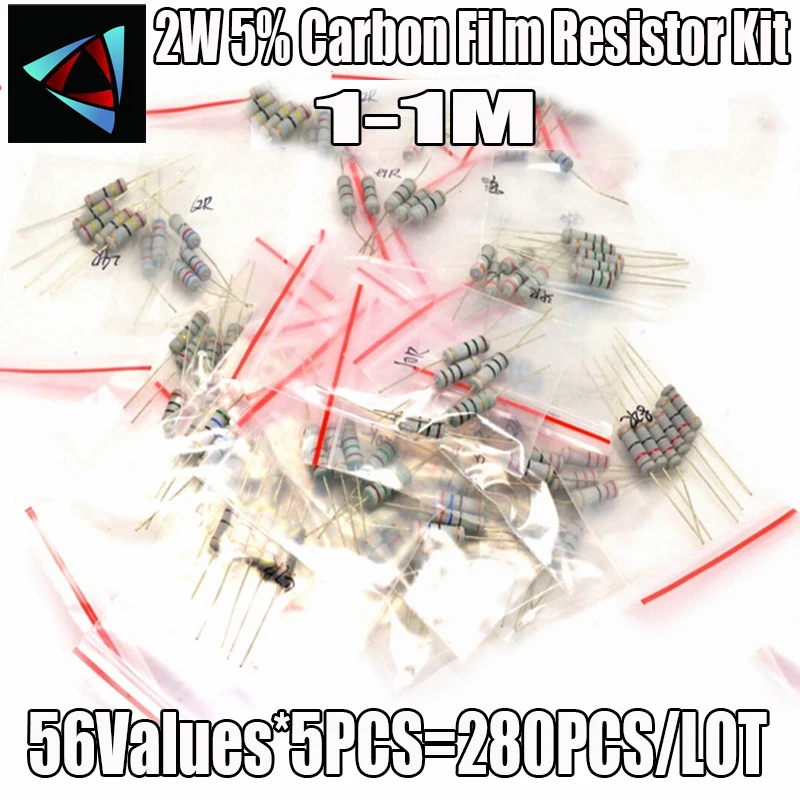 280pcs 1 - 1K Oomi 2W 5% 56Values X 5tk Carbon Film Takistid Metall-Oksiid-Kit käsiraamat