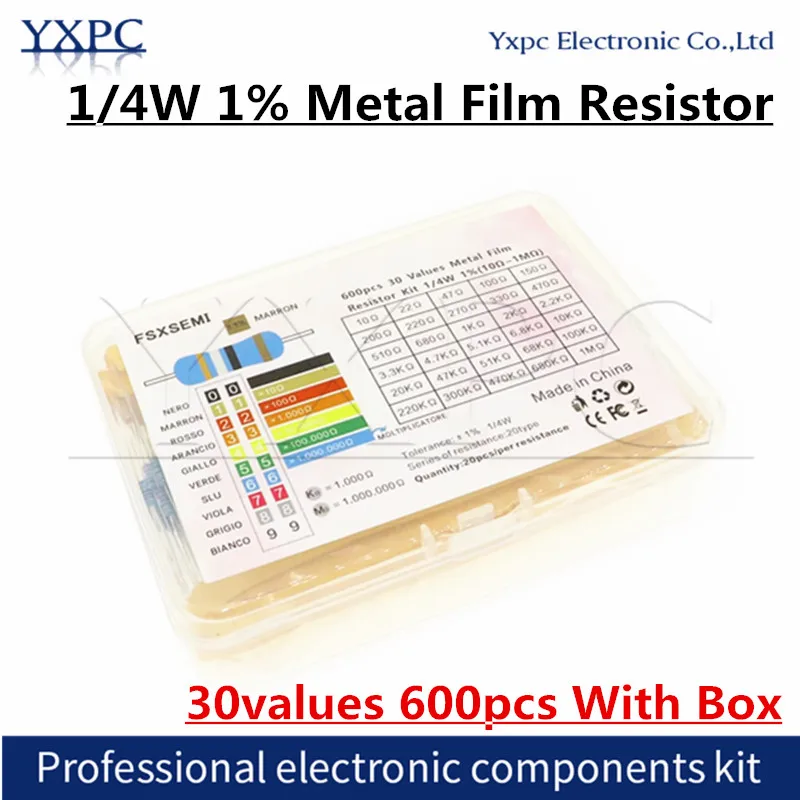 30values*20pcs=600pcs 1/4W Vastupanu 1% Metal Film Resistor Pack-ja Lauatarvete Komplekt 1K 10K 100K 220ohm 1K Takistid 0