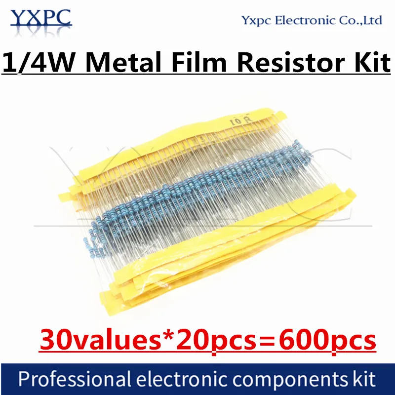 30values*20pcs=600pcs 1/4W Vastupanu 1% Metal Film Resistor Pack-ja Lauatarvete Komplekt 1K 10K 100K 220ohm 1K Takistid 1