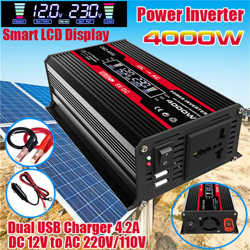 4000W LCD Ekraan Solar Power Inverter 12V, et 110V/220V USB-Modified Sine Wave Pinge Trafo Auto Adapter Converter Eest