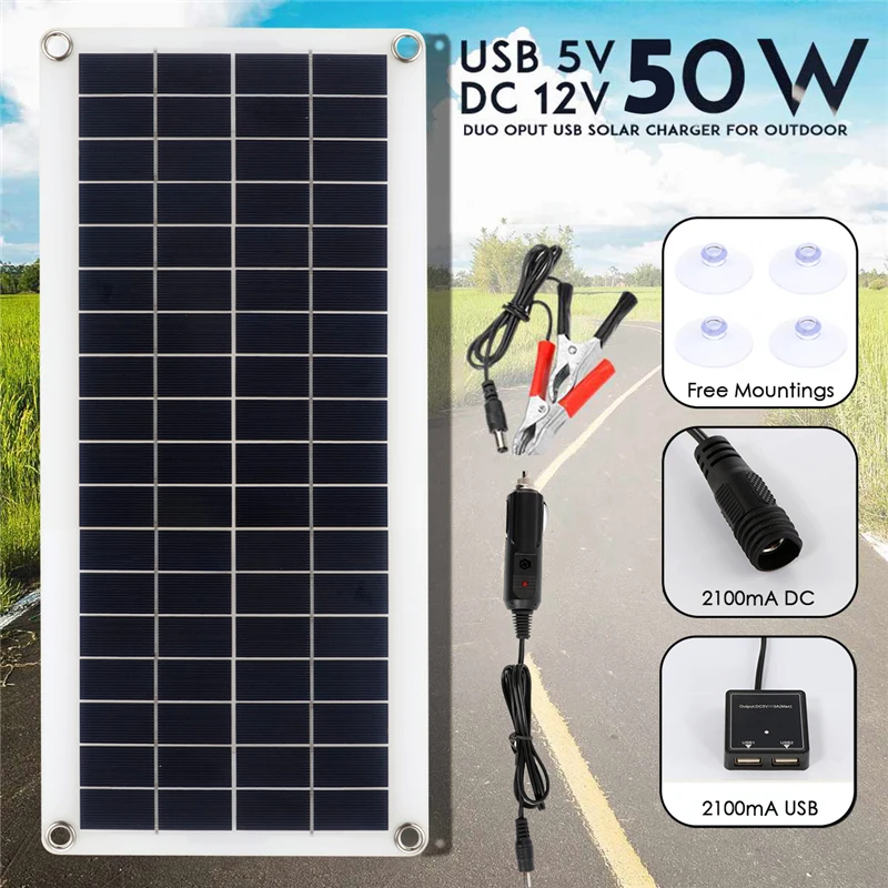 50W päikesepaneel 12V Monokristallilised USB Power Kaasaskantav Väljas Solar Cell, Auto, Laev, Telkimine, Matkamine, Reisimine Telefoni Laadija