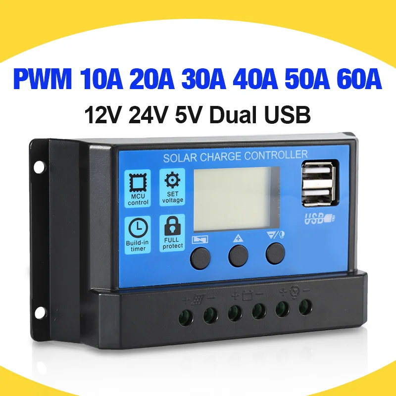 60A/50A/40A/30A/20A/10A Päikese Laadija Controller 12V 24V Auto PWM Kontrollerid LCD Ekraan 5V Dual USB Väljund Kontroller 0