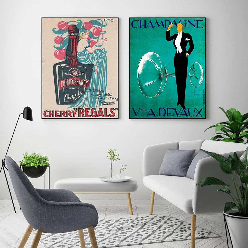 Aastakäigu Šampanja Devaux Plakatid Regals Cherry Brandy Tüdruk Prindib Alkoholi Seina Art Lõuend Maali Pilt, Köök Baar Decor 0