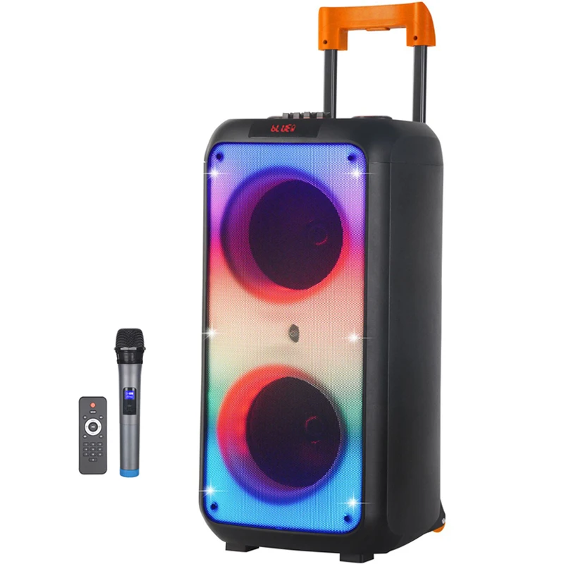Dual 8-tolline Peak Võimsus 6000W Väljas Käru Heli Karaoke EQ Värviline Valgus Bluetooth Kõlar Kaasaskantav Traadita Veerg koos Mic