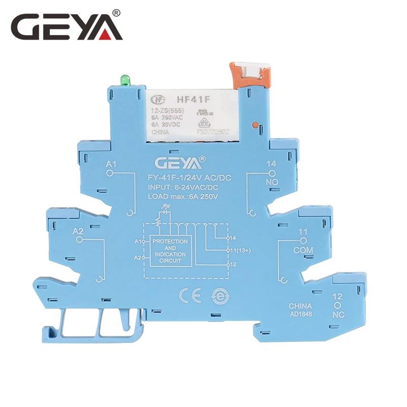 GEYA FY-41F-1 Din Rail Slim Relee Moodul Kaitse Circuit 6A Relee 12VDC/AC või 24VDC/AC Relee Pesa 6.2 mm paksus 1