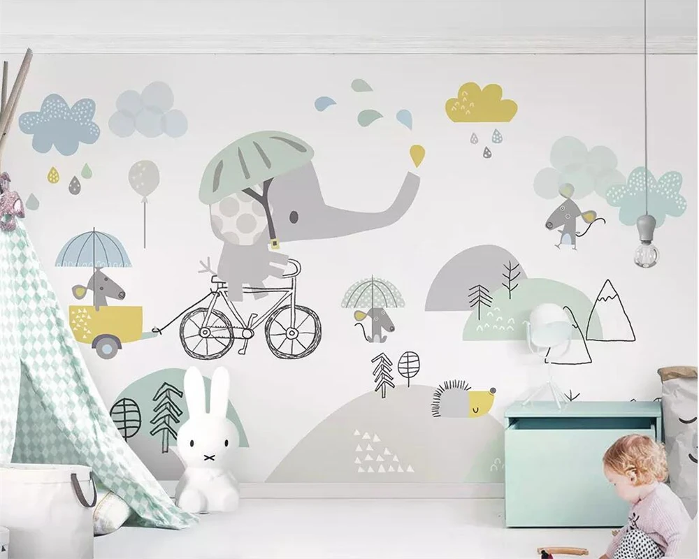 Kohandatud taustapilt-baby tuba cute cartoon elevandi ratsutamine jalgrataste hamster pilv laste taust seinad 3d tapeet 0