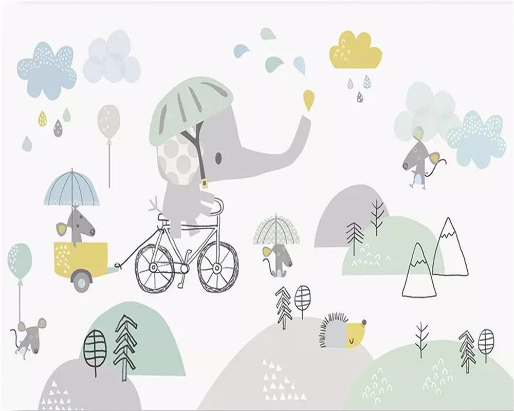 Kohandatud taustapilt-baby tuba cute cartoon elevandi ratsutamine jalgrataste hamster pilv laste taust seinad 3d tapeet 2