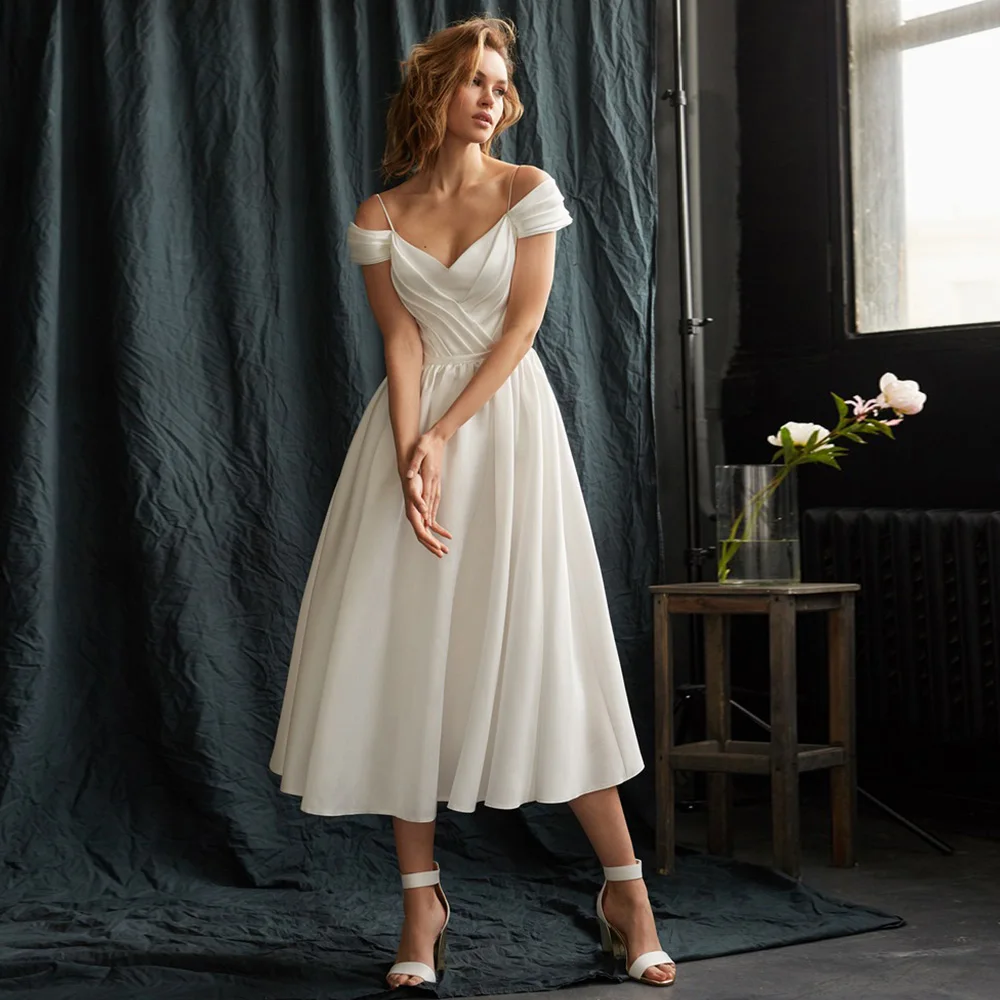 Lühike pulmakleit Valge Maha Õla, V-Kaeluse Backless Midi Pulm Kleit Naised Tee Pikkus Joon Lihtne Pruudi Kleidid 2022