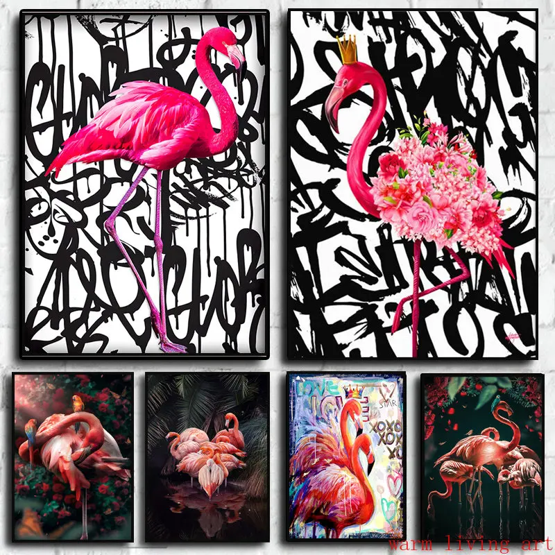 Roosa Flamingo Graffiti Art Lõuend Maali Lill Papagoi Plakati Print Põhjamaade Loomad Seina Art Pilte Tüdruk Tuba Home Decor