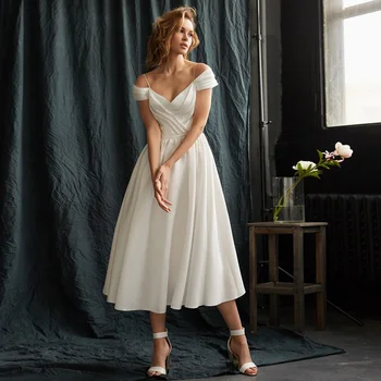 Lühike pulmakleit Valge Maha Õla, V-Kaeluse Backless Midi Pulm Kleit Naised Tee Pikkus Joon Lihtne Pruudi Kleidid 2022