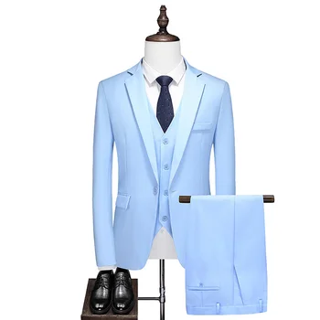 Kõrge kvaliteet (Pintsak + vest + püksid) meeste Briti stiilis mood lihtne äri elegantne vabaaja slim fit kolm rõivakomplekti