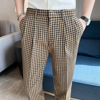 2022 Suvel Houndstooth Äri Kleit Püksid Meeste Vabaaja Slim Fit Ülikond Püksid Pahkluu Pikkus Office Sotsiaalne Püksid Streetwear