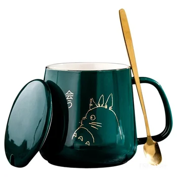 Uus Toode 400ml Euroopa Stiilis Kerge Luksuslik Kulla-värvitud Keraamika Kohvi Kruus Kaanega Lusikaga Vett Tass Cartoon Totoro Kruus