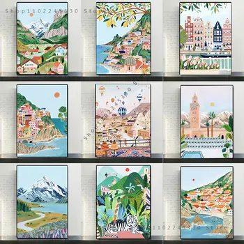 Abstraktne Kuulus Linn Maastiku Lõuendile Maali Seina Art Cartoon Akvarell Küla Mägi Plakat Ja Prindib Home Decor
