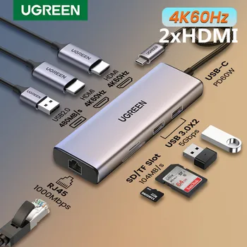 UGREEN USB-C-HUB 4K60Hz USB-C-2xHDMI 2.0, RJ45 USB 3.0 PD Adapter sobib Macbook Pro iPad Õhu M2 M1-ARVUTI Lisaseadmed-USB-C Splitter