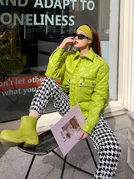 2022 Talvel Naiste Mood Vintage Ruuduline Polsterdatud Parka Vabaaja Jope Taskud Puuvill Karv Lahti Lühike Outwear Tops Naine