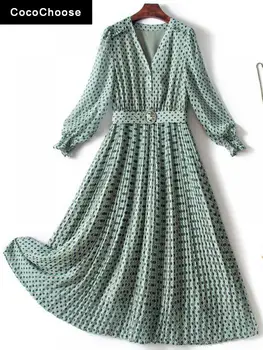 Elegantne Naiste Plisseeritud Kleit Sügisel 2022 Mood Pool Vestidos V-kaeluse Elastne Vöökoht Tiivad Pikad Varrukad Geomeetriline Sifonki Kleidid