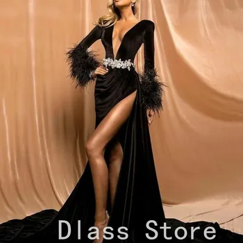 2022Velvet Tanssiaiset Kleit Glitter Beaded Litrid Elegantne õhtukleit Naiste Jaoks Pulmapidu Sulg Kõrge Split Kuulsus Jõulud